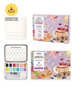Grabie Quarterly Watercolor Coloring Club with dessert-themed paints, brush, and 100% cotton coloring book set