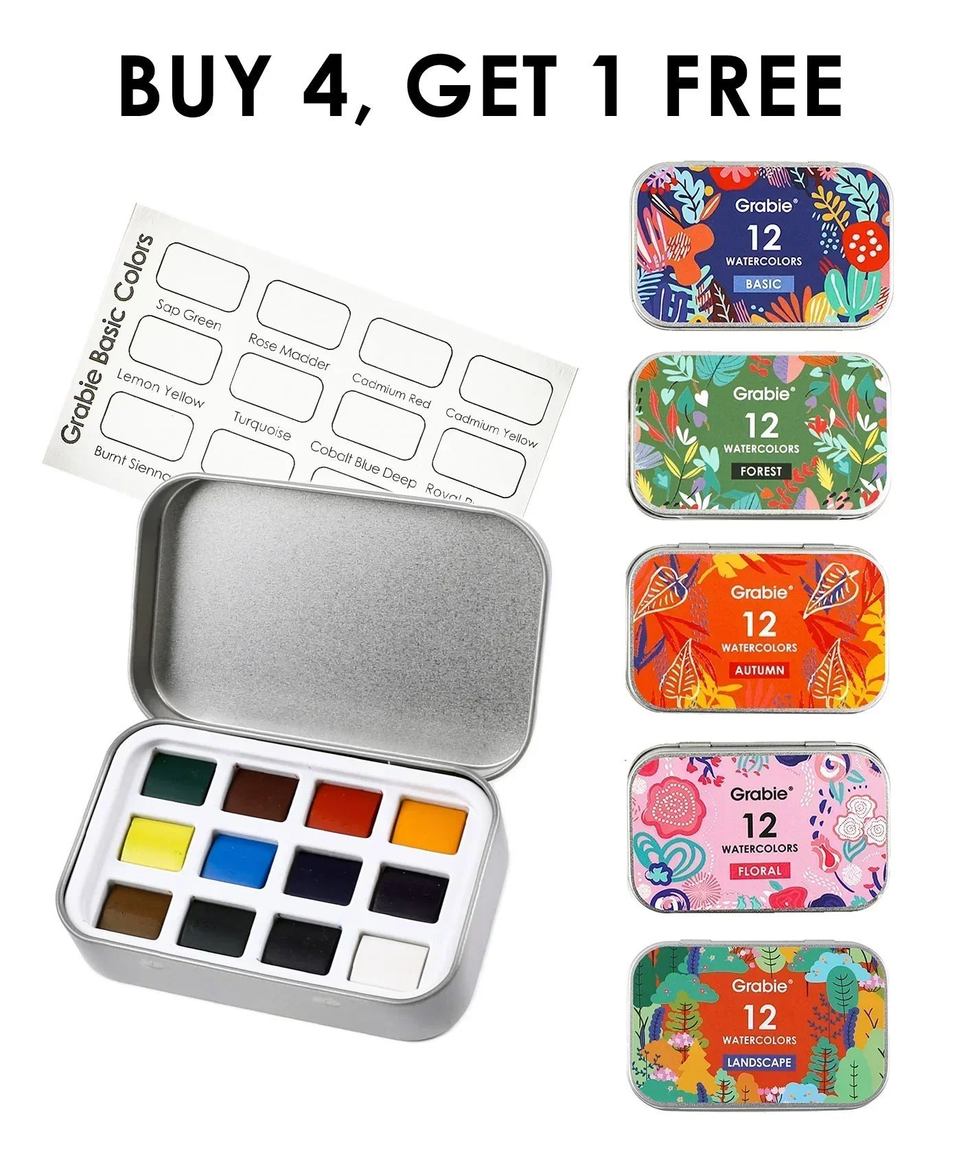 Watercolor Pocket Set - 5 Themes Value Bundle with colorful Grabie watercolor tins and open paint set with twelve colors