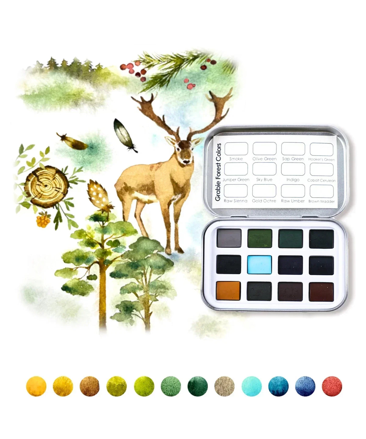 Watercolor Pocket Set - 5 Themes Value Bundle with forest colors watercolor palette and nature-inspired illustrations