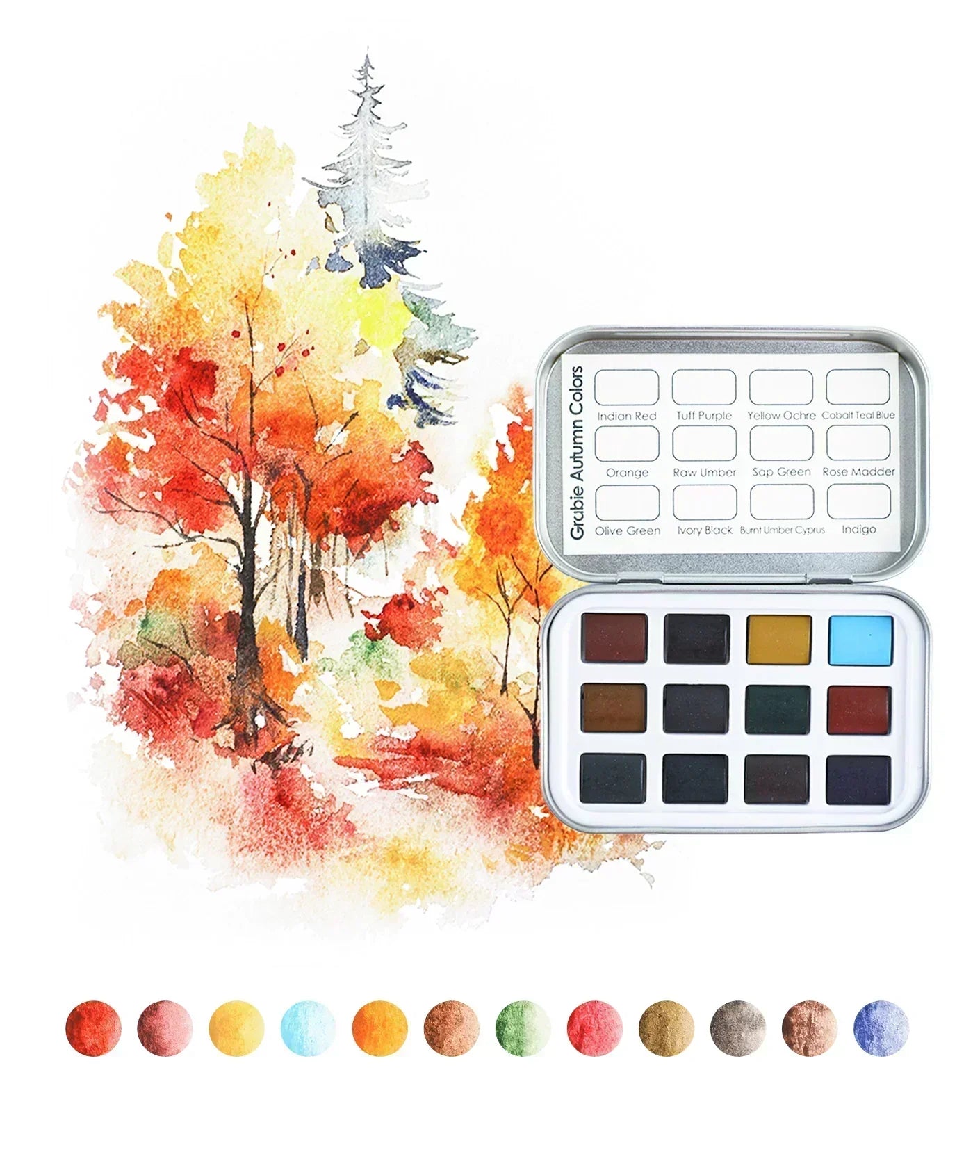 Watercolor Pocket Set - 5 Themes Value Bundle with autumn color palette beside a vibrant watercolor forest painting