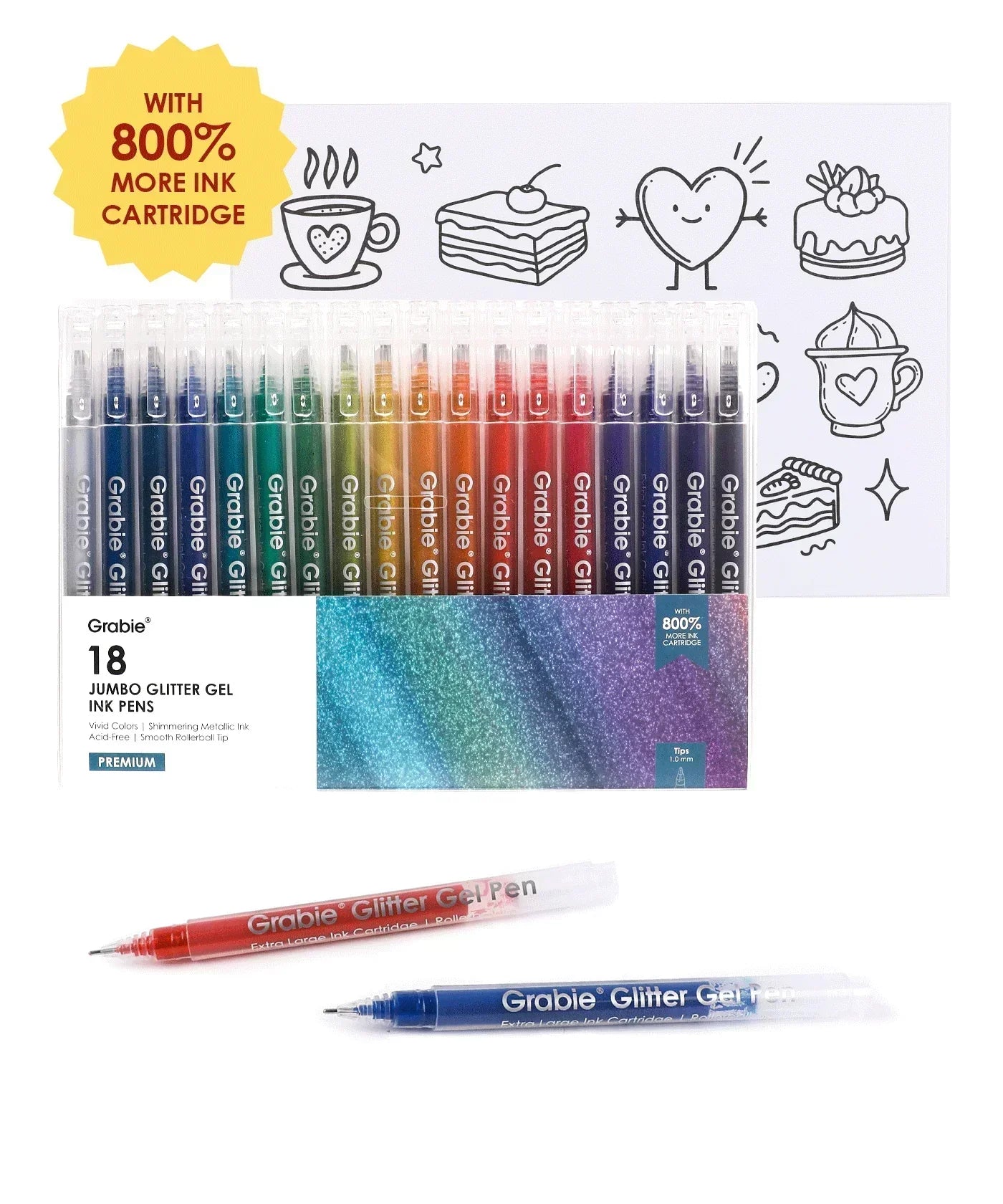 Jumbo Iridescent Glitter Gel Ink Pen Set With Bold & Bright Coloring Essential Kit with colorful glitter pens and doodles.