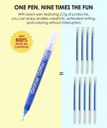 Jumbo Iridescent Glitter Gel Ink Pen Set With Bold & Bright Coloring Essential Kit showing one pen with 800 percent more ink than nine regular cartridges.