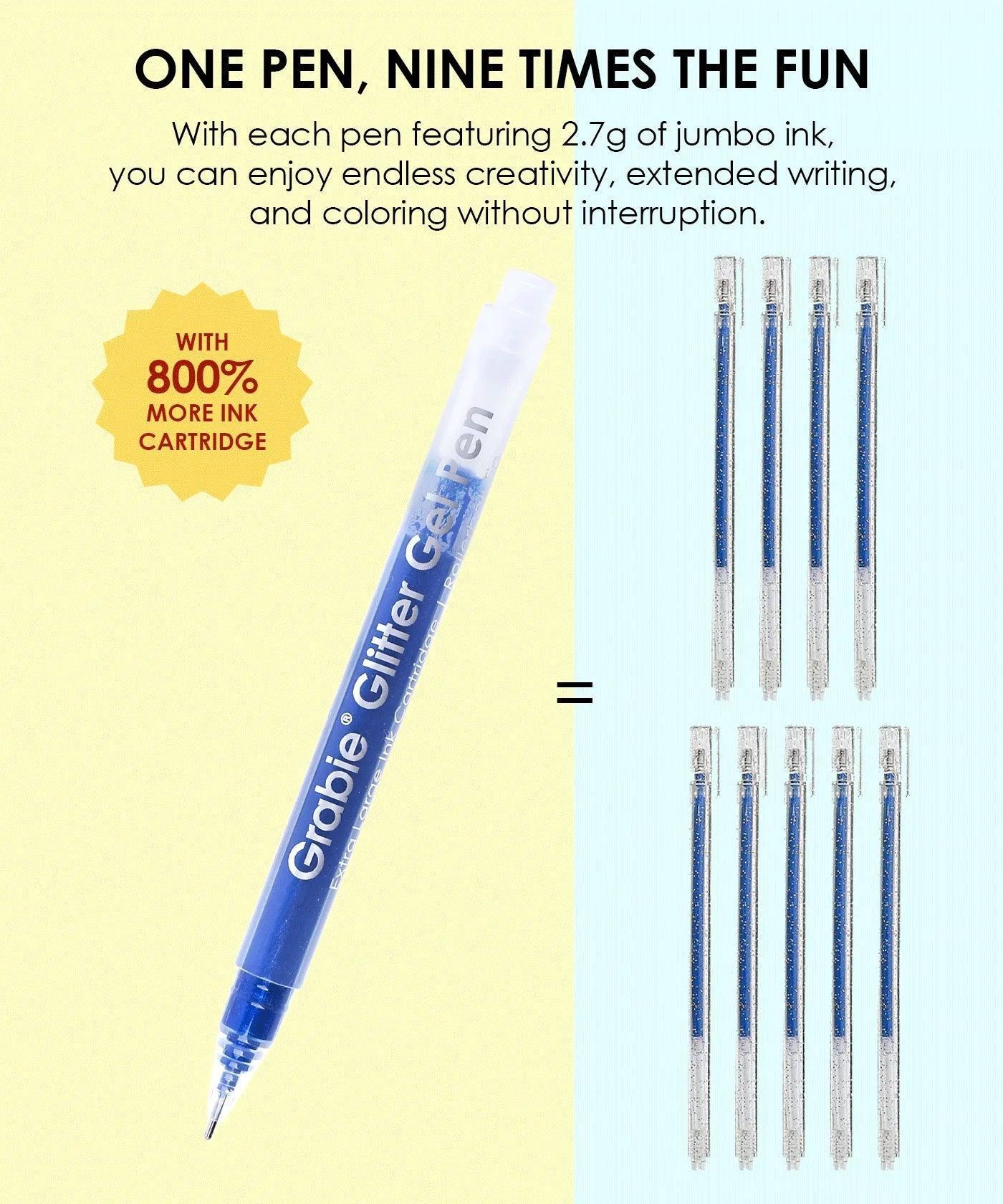 Jumbo Iridescent Glitter Gel Ink Pen Set With Bold & Bright Coloring Essential Kit showing one pen with 800 percent more ink than nine regular cartridges.