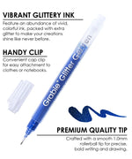 Glitter Gel Ink Pen Set blue glitter pen showing vibrant ink, handy clip, and premium 1.0mm rollerball tip detail