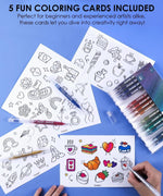 Jumbo Iridescent Glitter Gel Ink Pen Set With Bold & Bright Coloring Essential Kit shown with coloring cards and partially colored drawings.