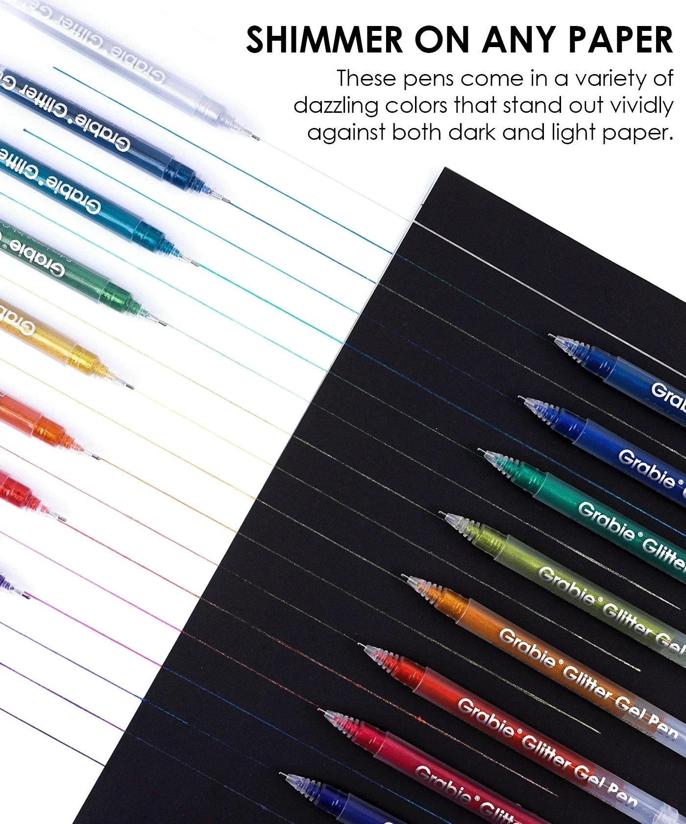Glitter Gel Ink Pen Set with colorful glitter gel ink lines on white and black paper for vibrant art projects