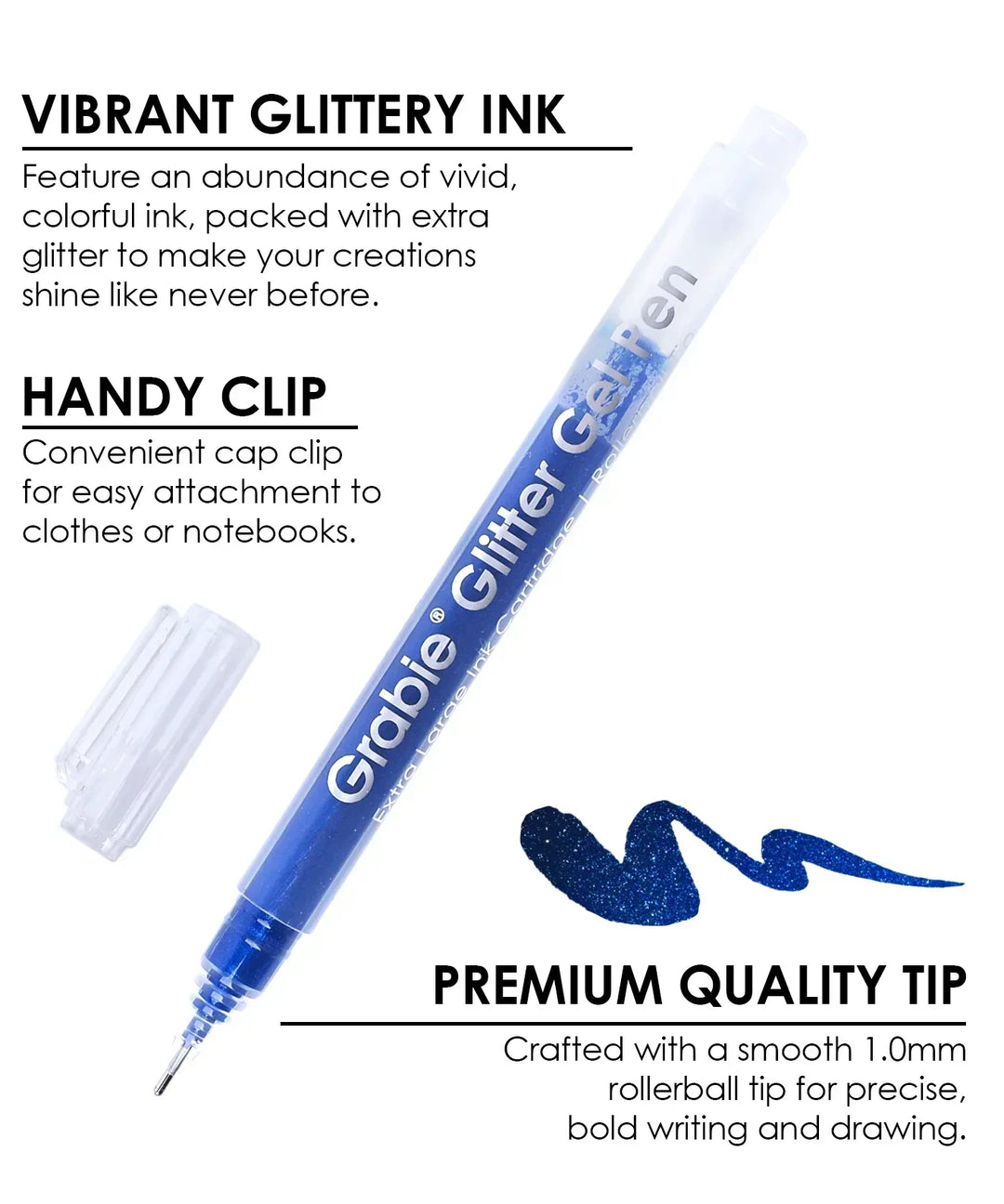 Jumbo Iridescent Glitter Gel Ink Pen Set With Bold & Bright Coloring Essential Kit showing blue glitter pen with smooth 1.0mm tip and cap clip