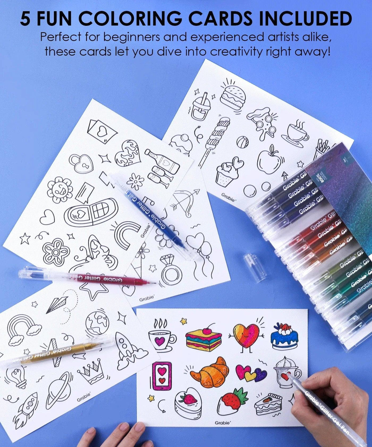 Glitter Gel Ink Pen Set with colorful pens and fun coloring cards for art supplies and creative projects.