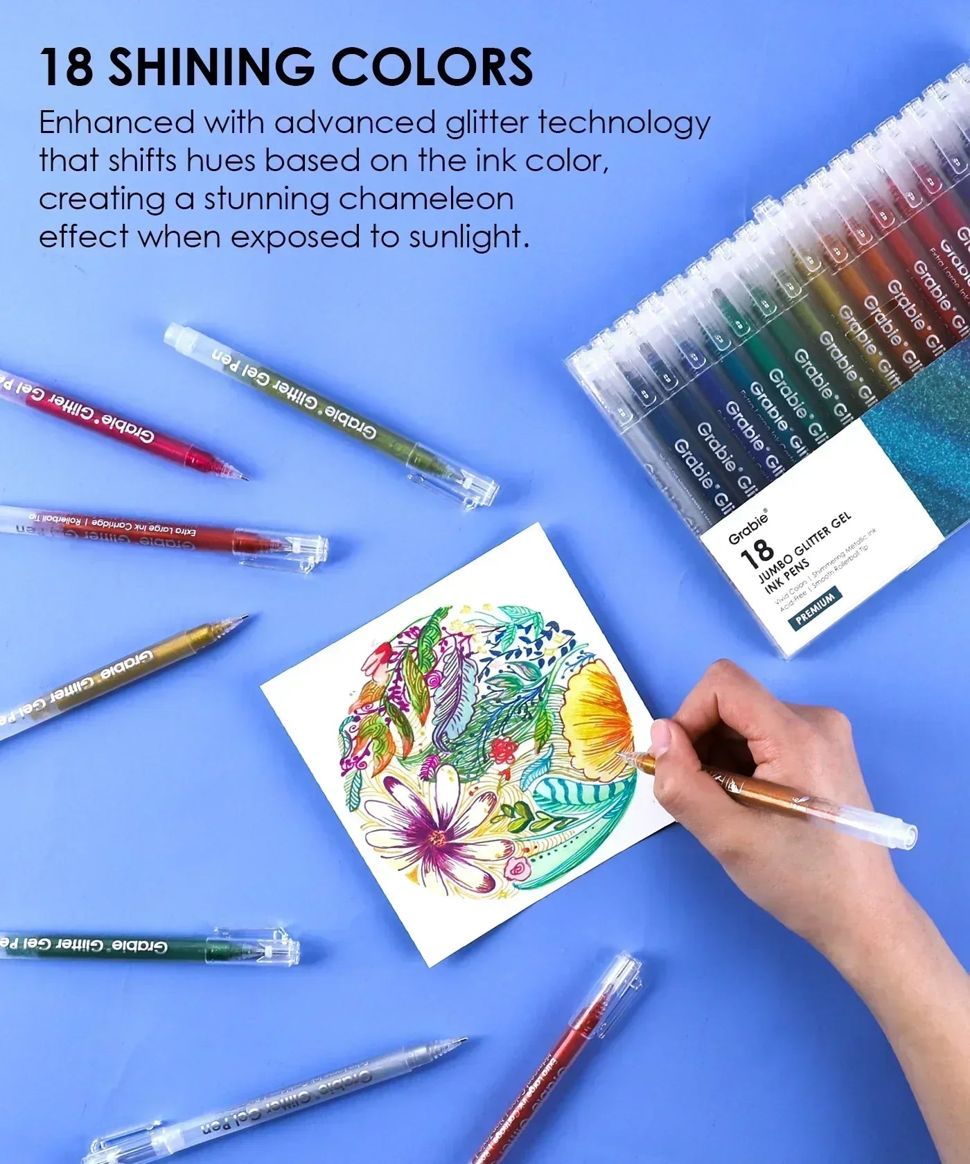 Jumbo Iridescent Glitter Gel Ink Pen Set With Bold & Bright Coloring Essential Kit displayed with colorful drawing and 18 glitter gel pens.