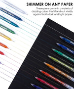 Jumbo Iridescent Glitter Gel Ink Pen Set With Bold & Bright Coloring Essential Kit showing colorful glitter gel pen lines on white and black paper.