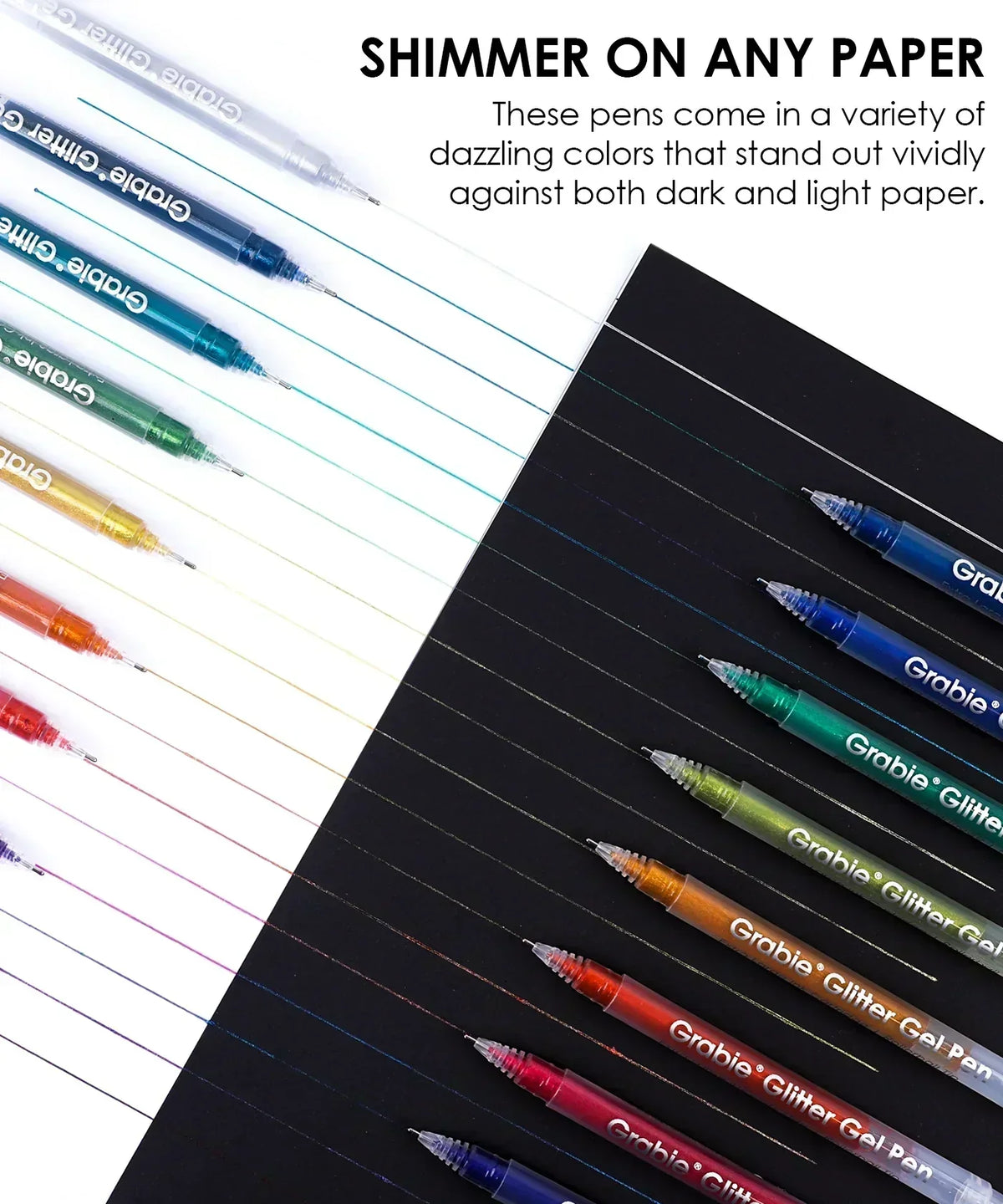 Jumbo Iridescent Glitter Gel Ink Pen Set With Bold & Bright Coloring Essential Kit showing colorful glitter gel pen lines on white and black paper.