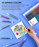 Hand coloring a vibrant floral design using the Glitter Gel Ink Pen Set with 18 shimmering colors on blue background