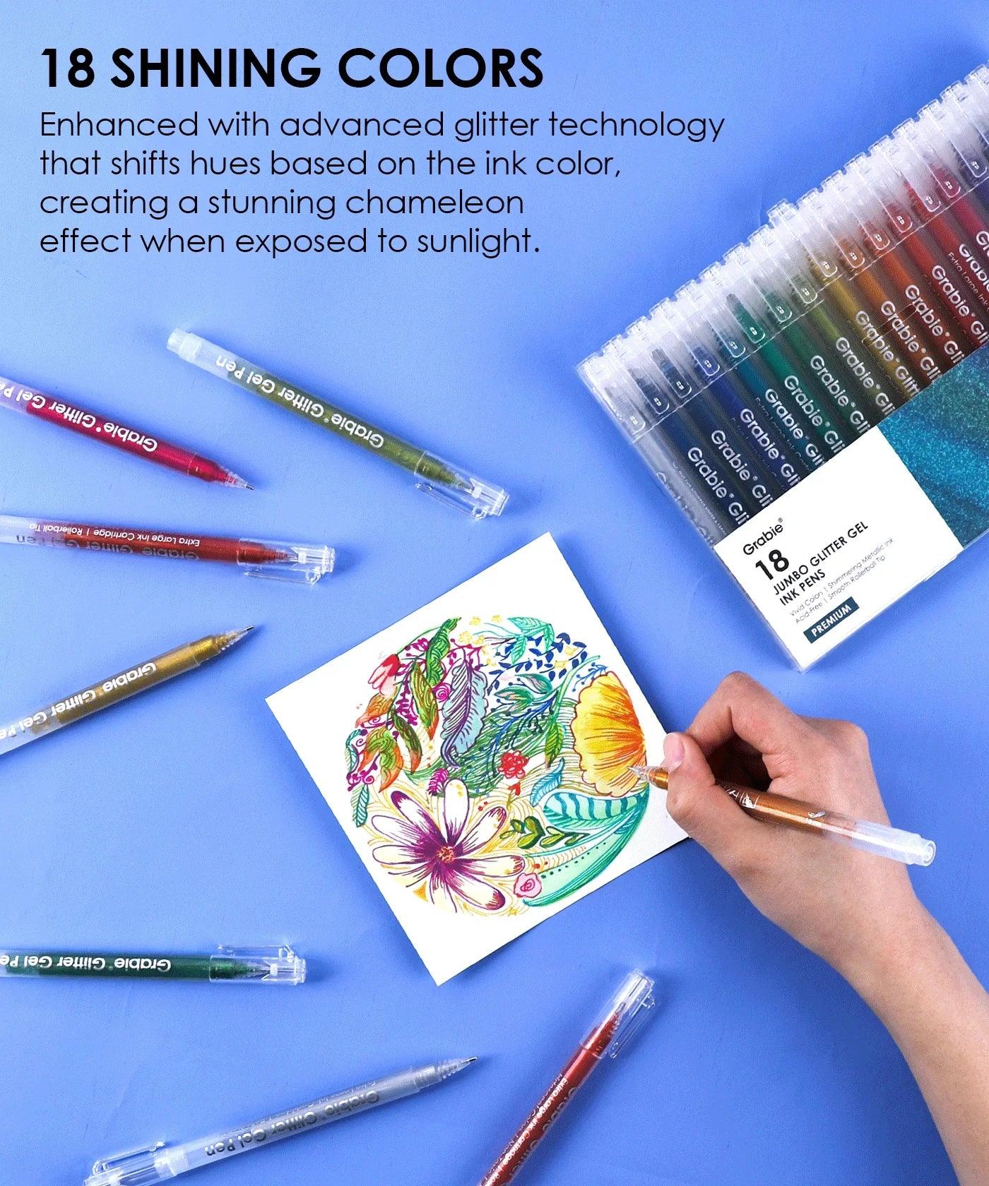 Hand coloring a vibrant floral design using the Glitter Gel Ink Pen Set with 18 shimmering colors on blue background