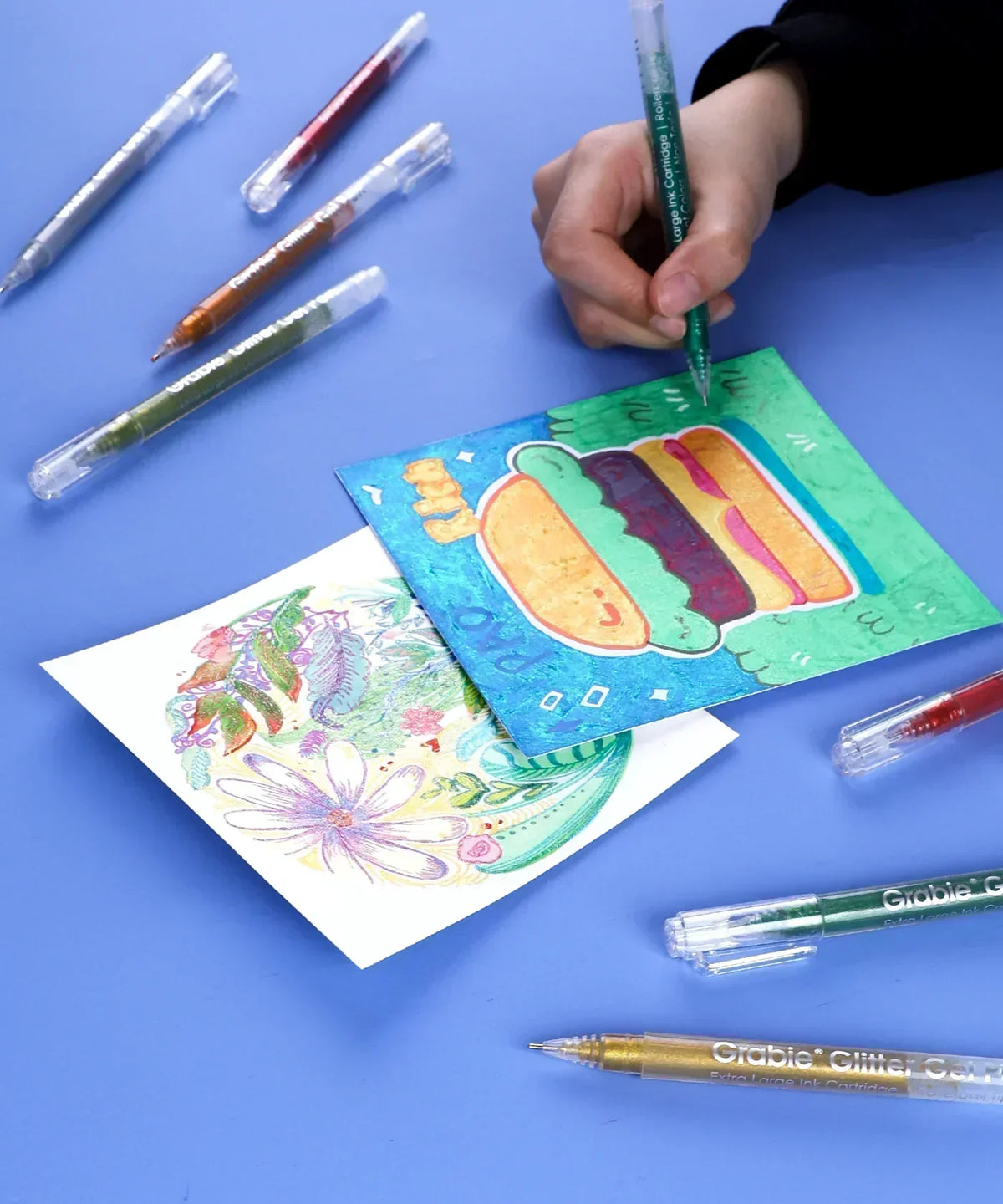 Jumbo Iridescent Glitter Gel Ink Pen Set With Bold & Bright Coloring Essential Kit used to create colorful art and designs on paper.