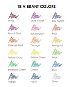 Color chart showing 18 vibrant colors available in Jumbo Iridescent Glitter Gel Ink Pen Set With Bold & Bright Coloring Essential Kit.