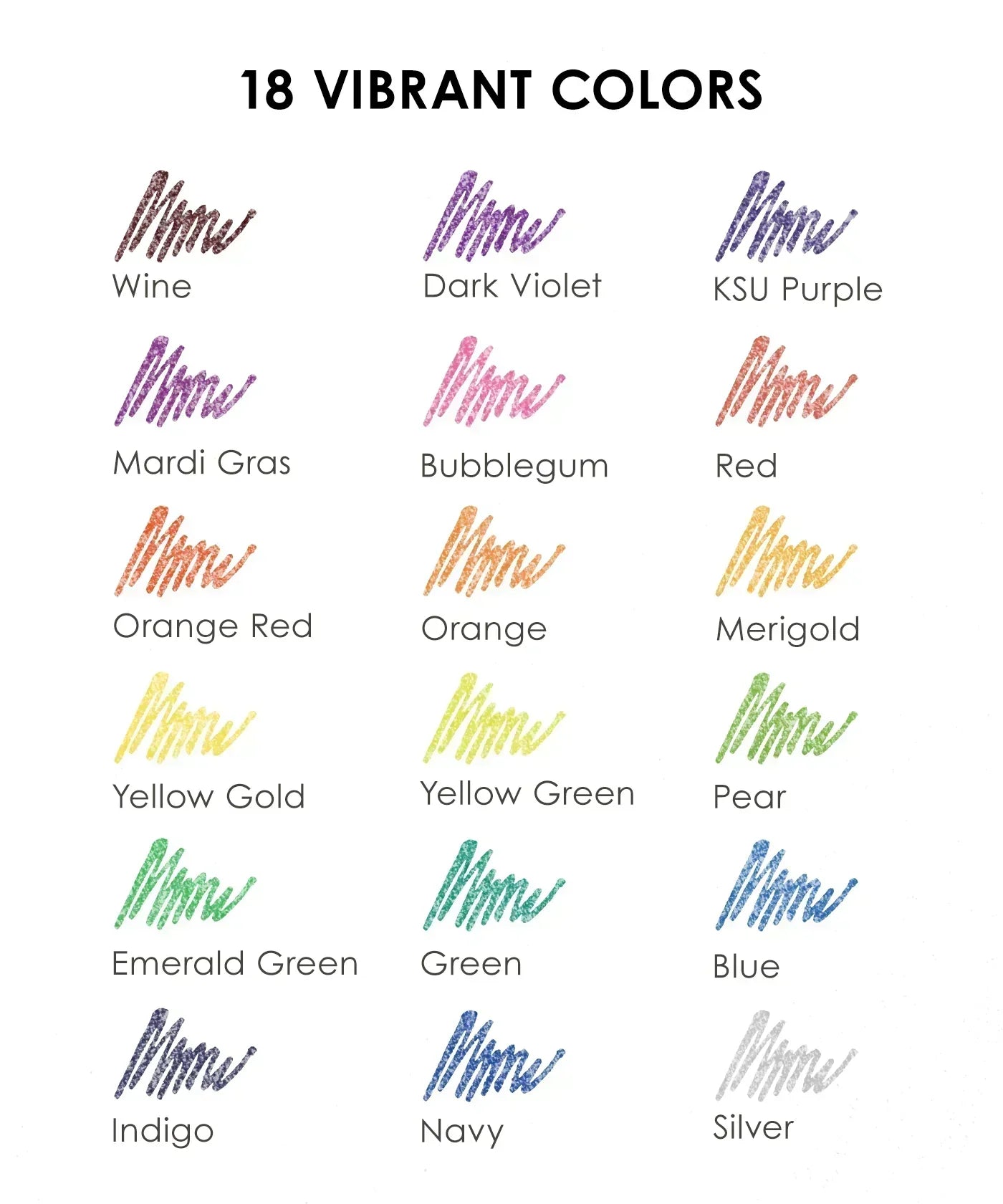 Color chart showing 18 vibrant colors available in Jumbo Iridescent Glitter Gel Ink Pen Set With Bold & Bright Coloring Essential Kit.