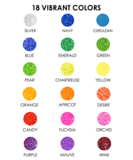 Chart of 18 vibrant colors with names below each circle on a white background.