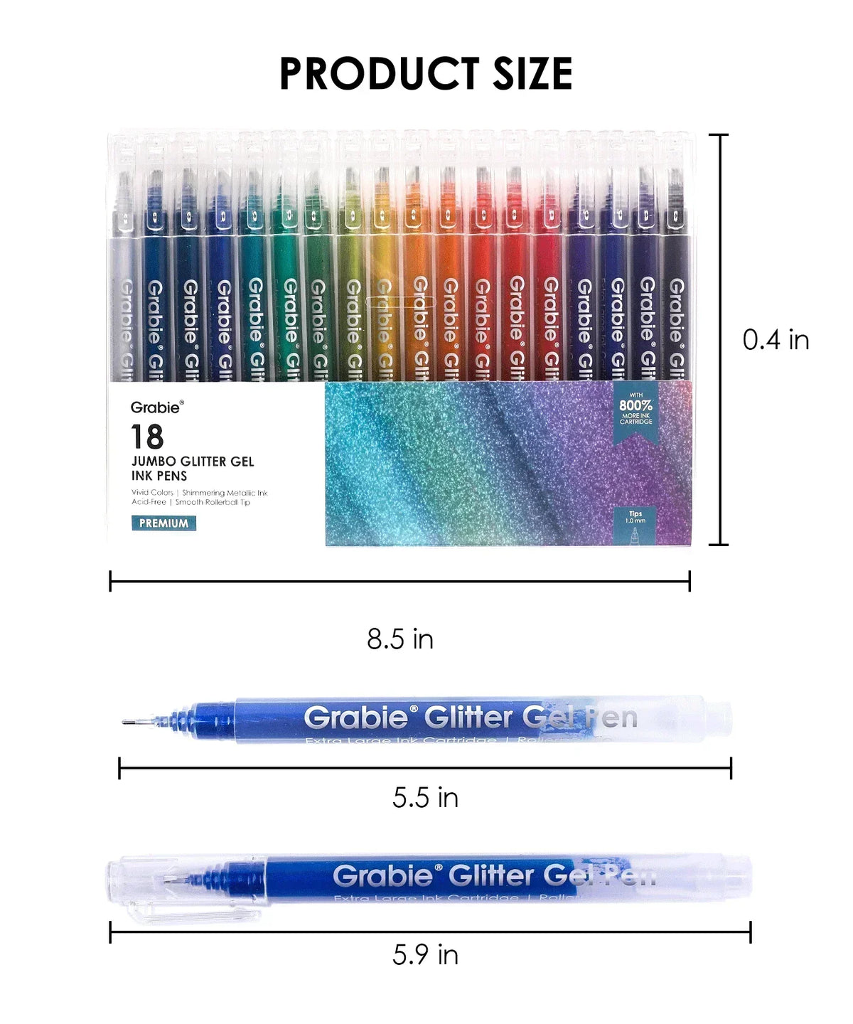 Jumbo Iridescent Glitter Gel Ink Pen Set With Bold & Bright Coloring Essential Kit includes 18 colorful glitter gel pens for art supplies.