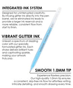 Blue Glitter Gel Ink Pen Set showing integrated ink system and smooth 1.0mm tip for vibrant, consistent art supplies use