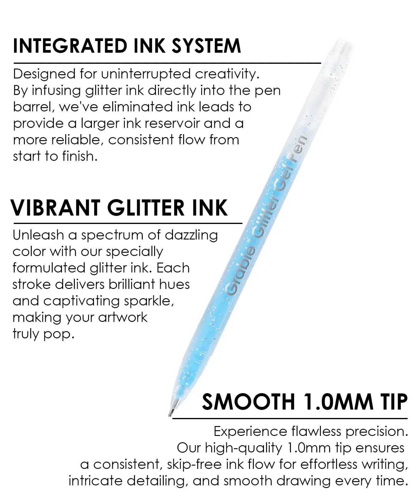 Capped Glitter Gel Ink Pen Set Of 42 with integrated ink system, vibrant glitter ink, and smooth 1.0mm tip for art supplies.