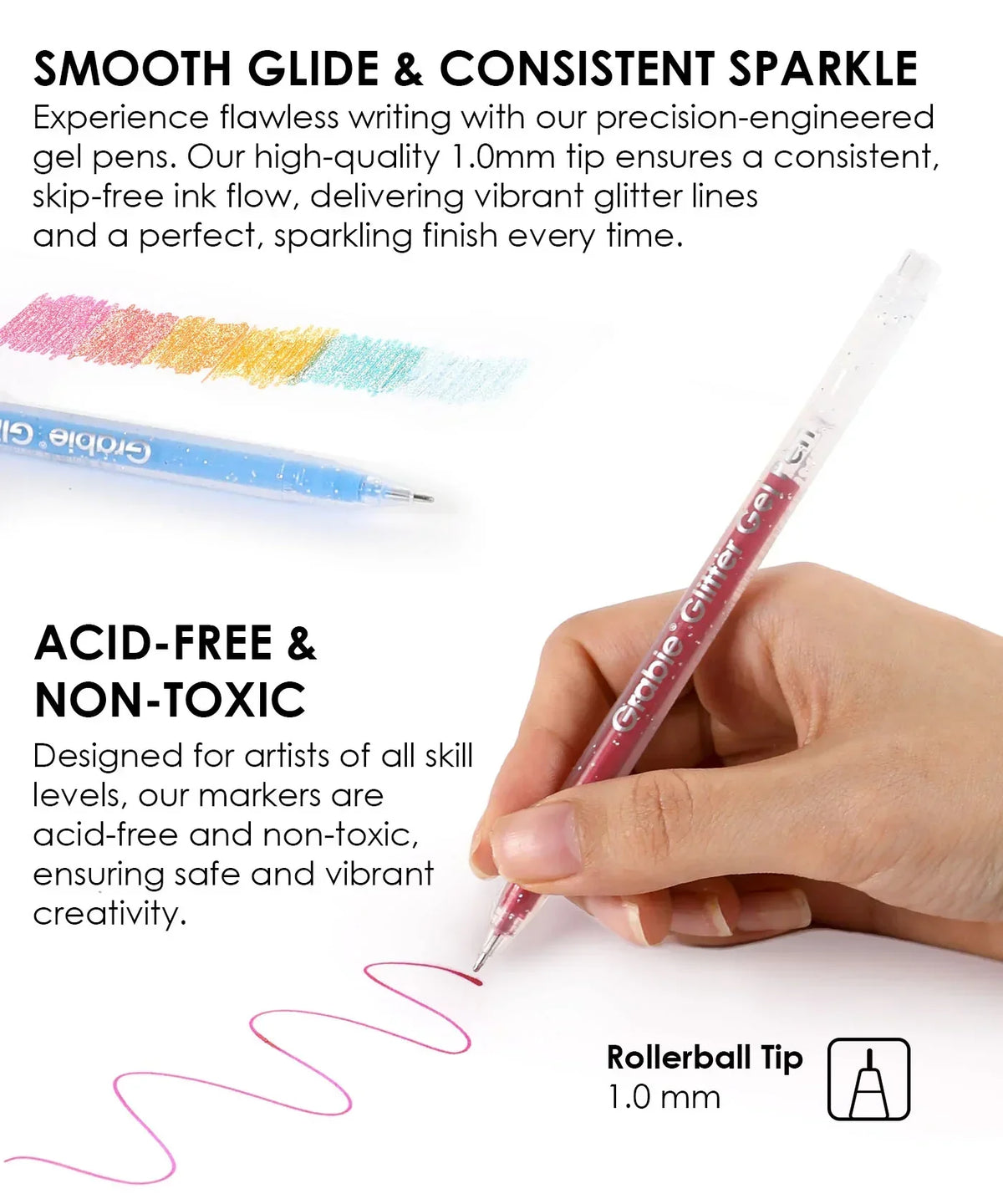 Hand holding a red Glitter Gel Ink Pen Set pen drawing a smooth, sparkling line with colorful glitter swatches nearby