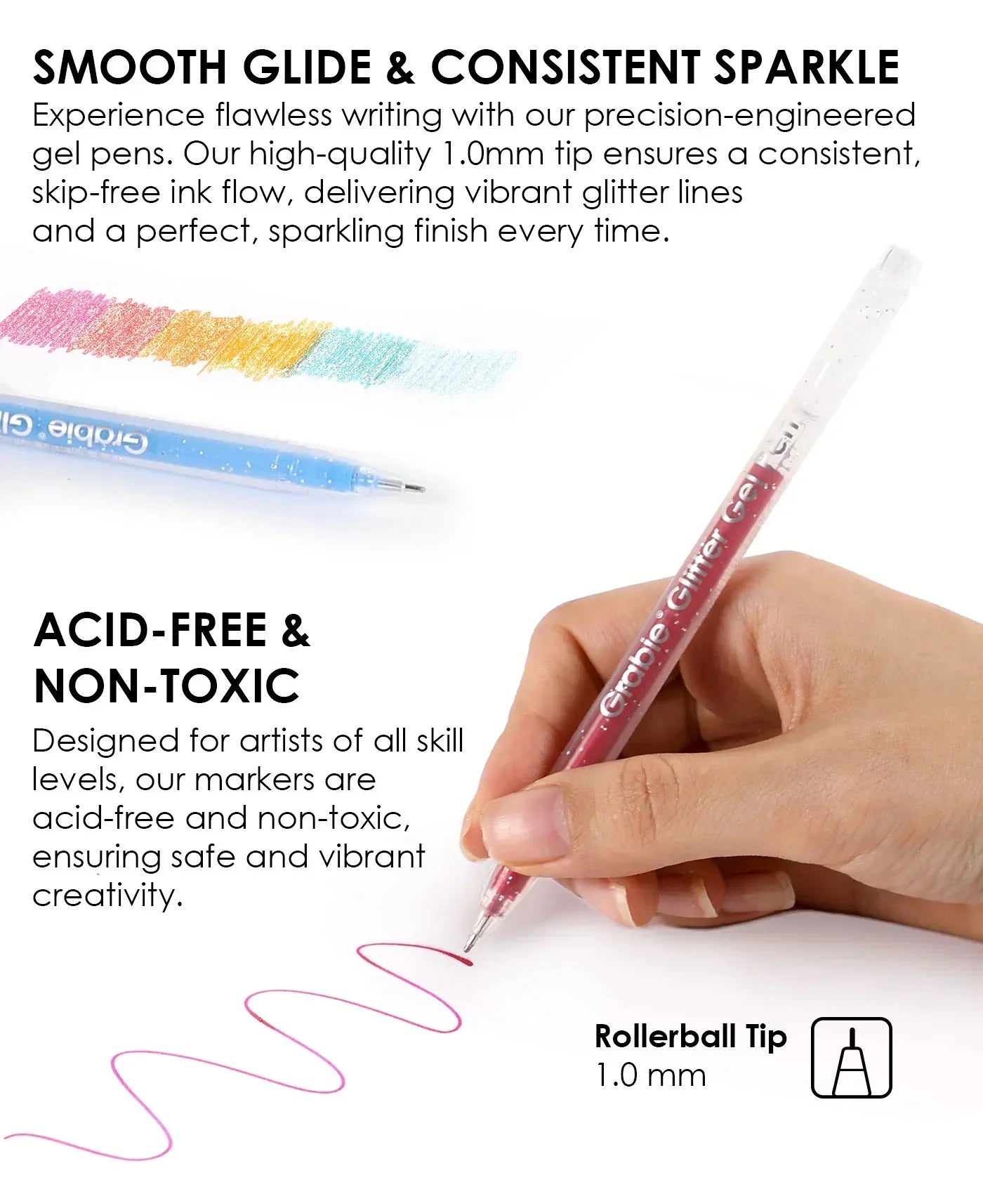 Hand holding a red Glitter Gel Ink Pen Set pen drawing a wavy line with colorful pen swatches above.