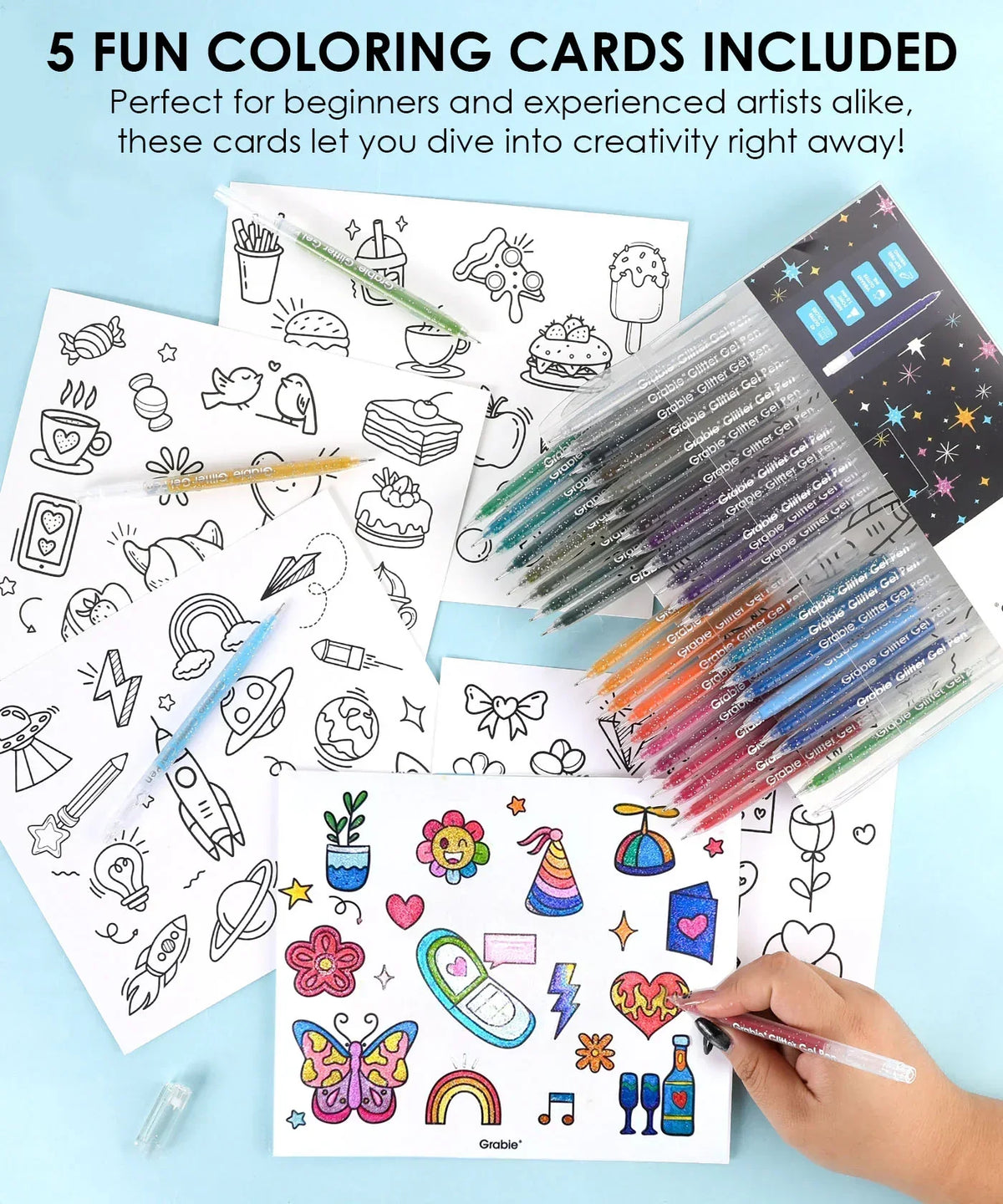 Glitter Gel Ink Pen Set with colorful pens and fun black-and-white coloring cards for creative art and scrapbook projects
