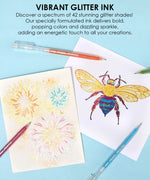 Glitter Gel Ink Pen Set with vibrant glitter ink creating colorful fireworks and a sparkling bee illustration on paper.