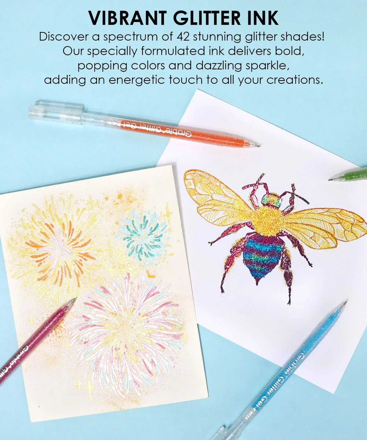 Glitter Gel Ink Pen Set with vibrant glitter ink creating colorful fireworks and a sparkling bee illustration on paper.