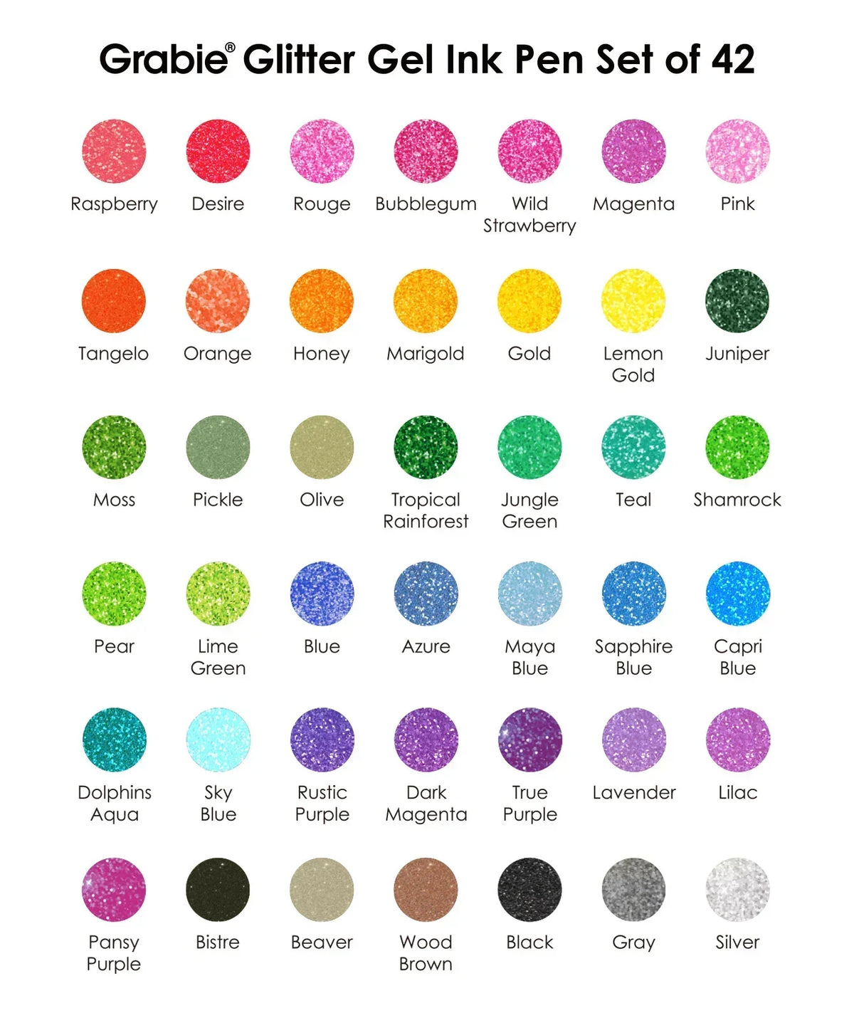 Color swatches chart showcasing 42 vibrant shades in the Glitter Gel Ink Pen Set for creative art projects.