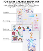 Creative doodles, journaling, coloring, and drawing examples made with the Glitter Gel Ink Pen Set for art supplies use.