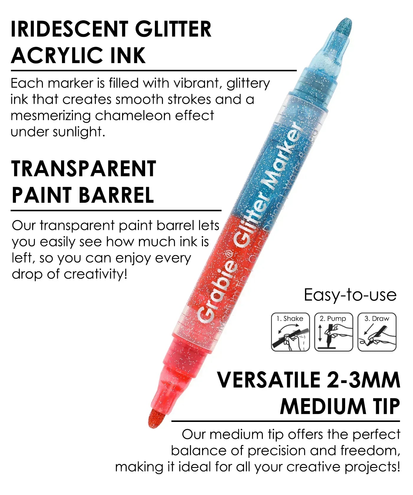 Dual Tone Iridescent Glitter Acrylic Paint Marker Set Of 8 showing medium tip with vibrant glitter ink in a transparent barrel.