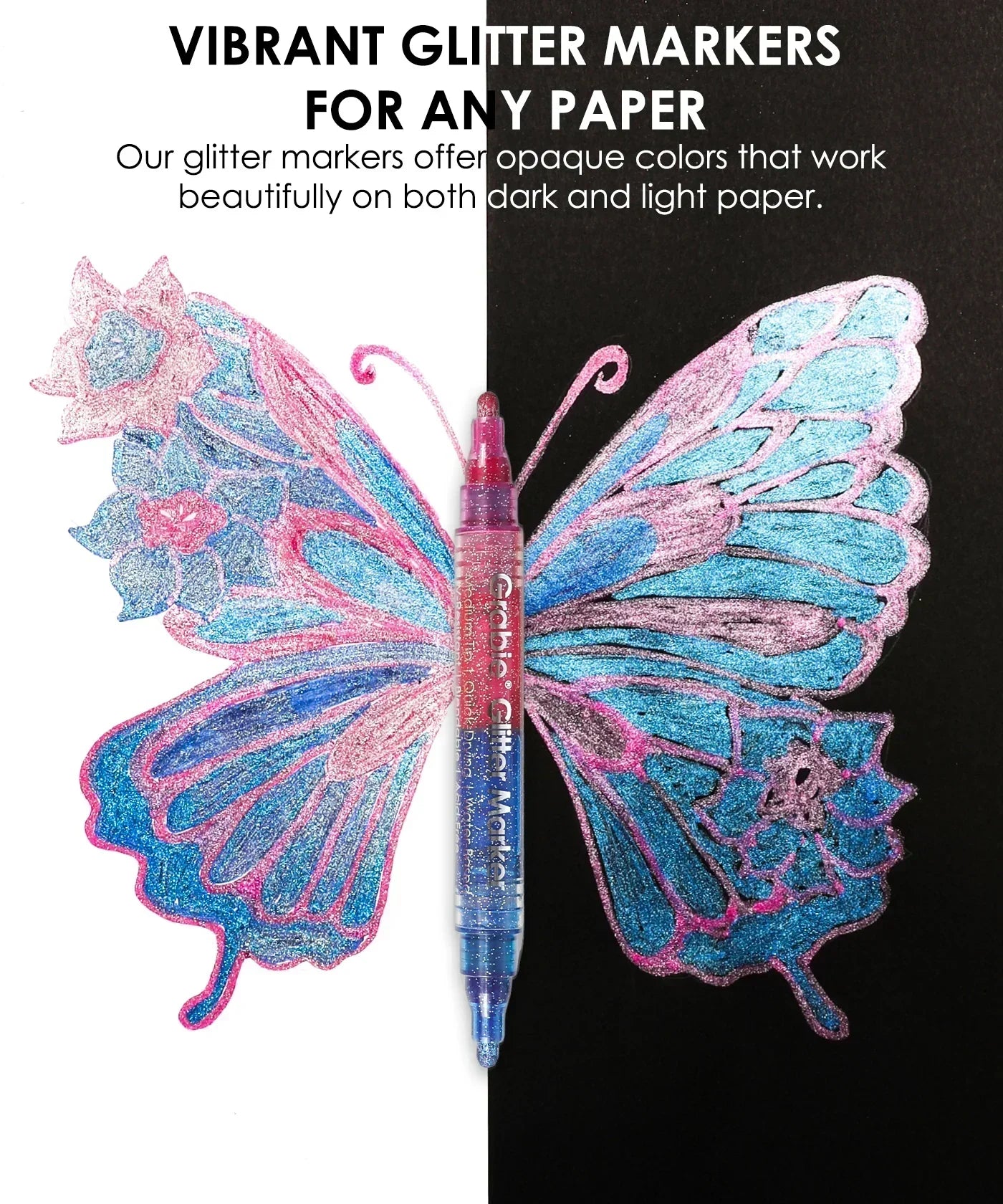Dual Tone Iridescent Glitter Acrylic Paint Marker Set Of 8 displayed with vibrant butterfly drawing on light and dark paper.