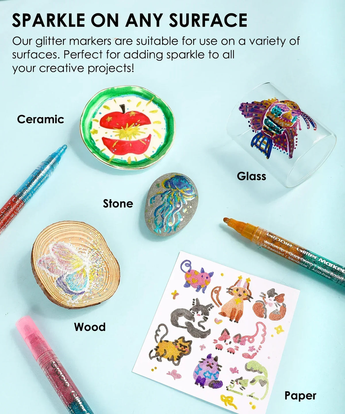 Dual Tone Iridescent Glitter Acrylic Paint Marker Set Of 8 decorating ceramic, glass, stone, wood, and paper surfaces.