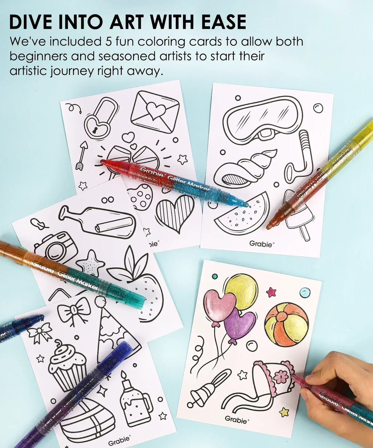 Dual Tone Iridescent Glitter Acrylic Paint Marker Set Of 8 with coloring cards and partially colored drawings.