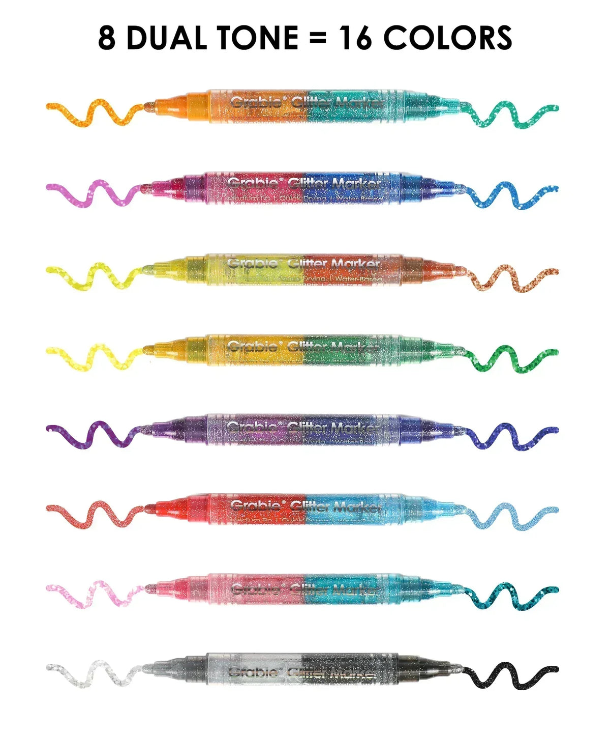 Dual Tone Iridescent Glitter Acrylic Paint Marker Set Of 8 showing vibrant dual-tone color strokes and glitter effects