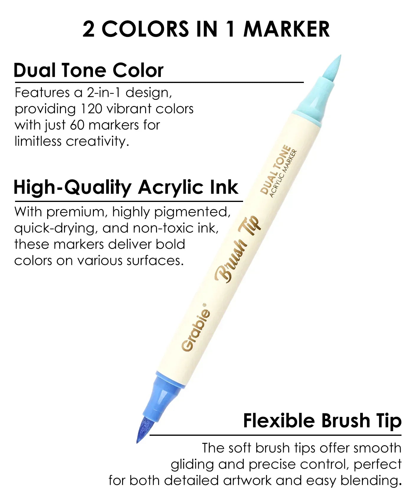 Dual Tone Brush Tip Acrylic Paint Marker Set of 60 shown with dual color tips and flexible brush design for smooth, precise artwork.