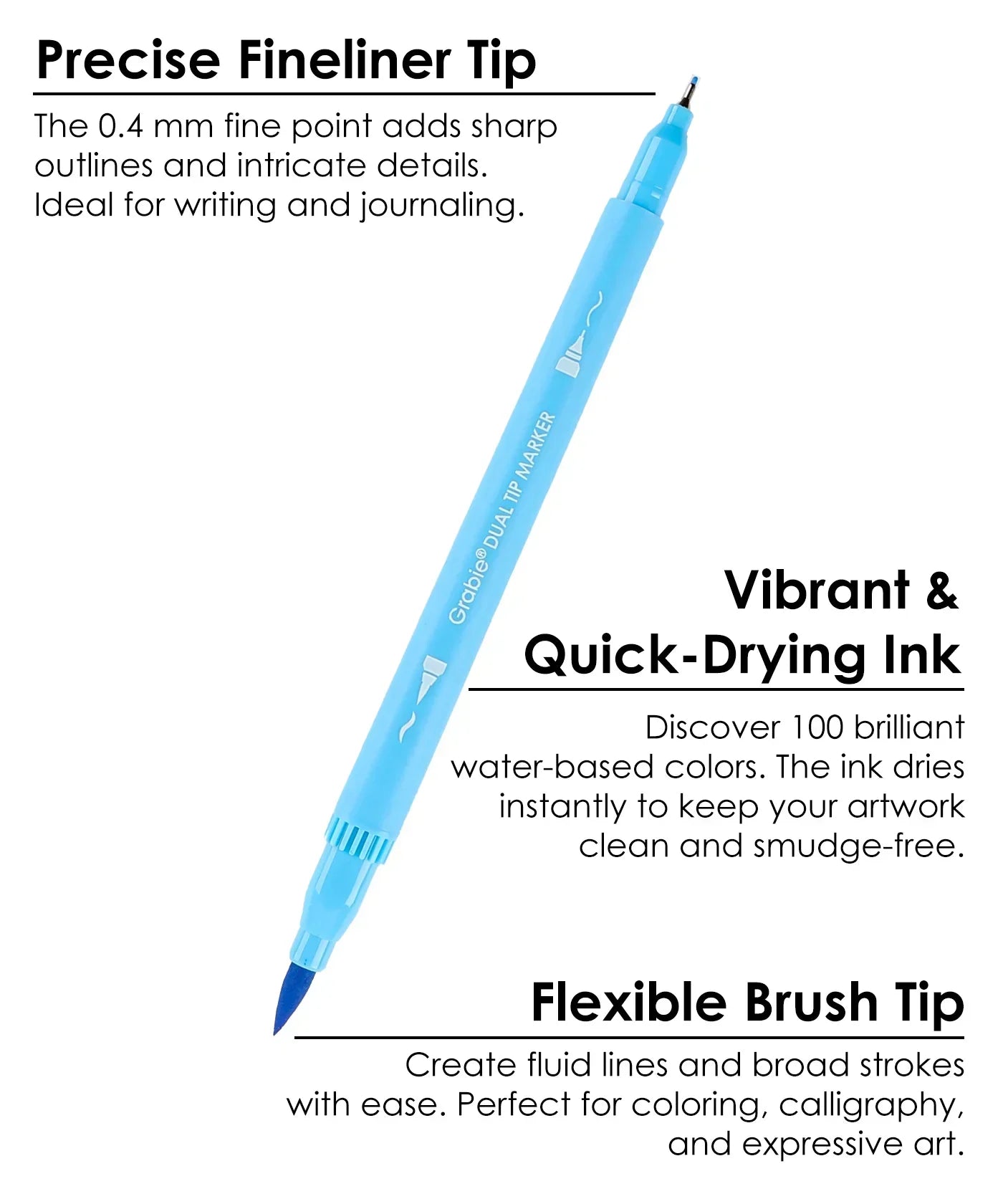 Dual Tip Water-Based Sketch Marker Set of 100 with precise fineliner and flexible brush tip for sharp lines and vibrant coloring.