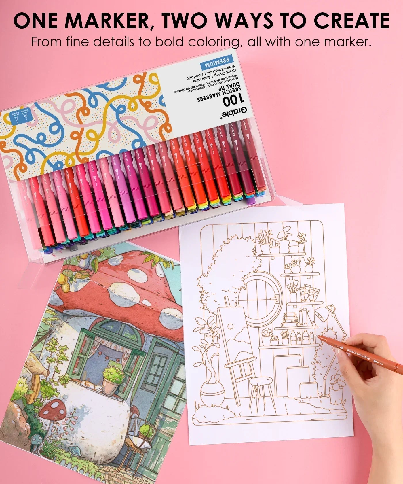 Dual Tip Water-Based Sketch Marker Set of 100 with assorted colors shown next to coloring pages and hand coloring on pink background.