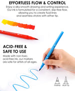 Dual Tip Water-Based Sketch Marker Set of 100 showing bright colors with brush and fineliner tips in use on paper