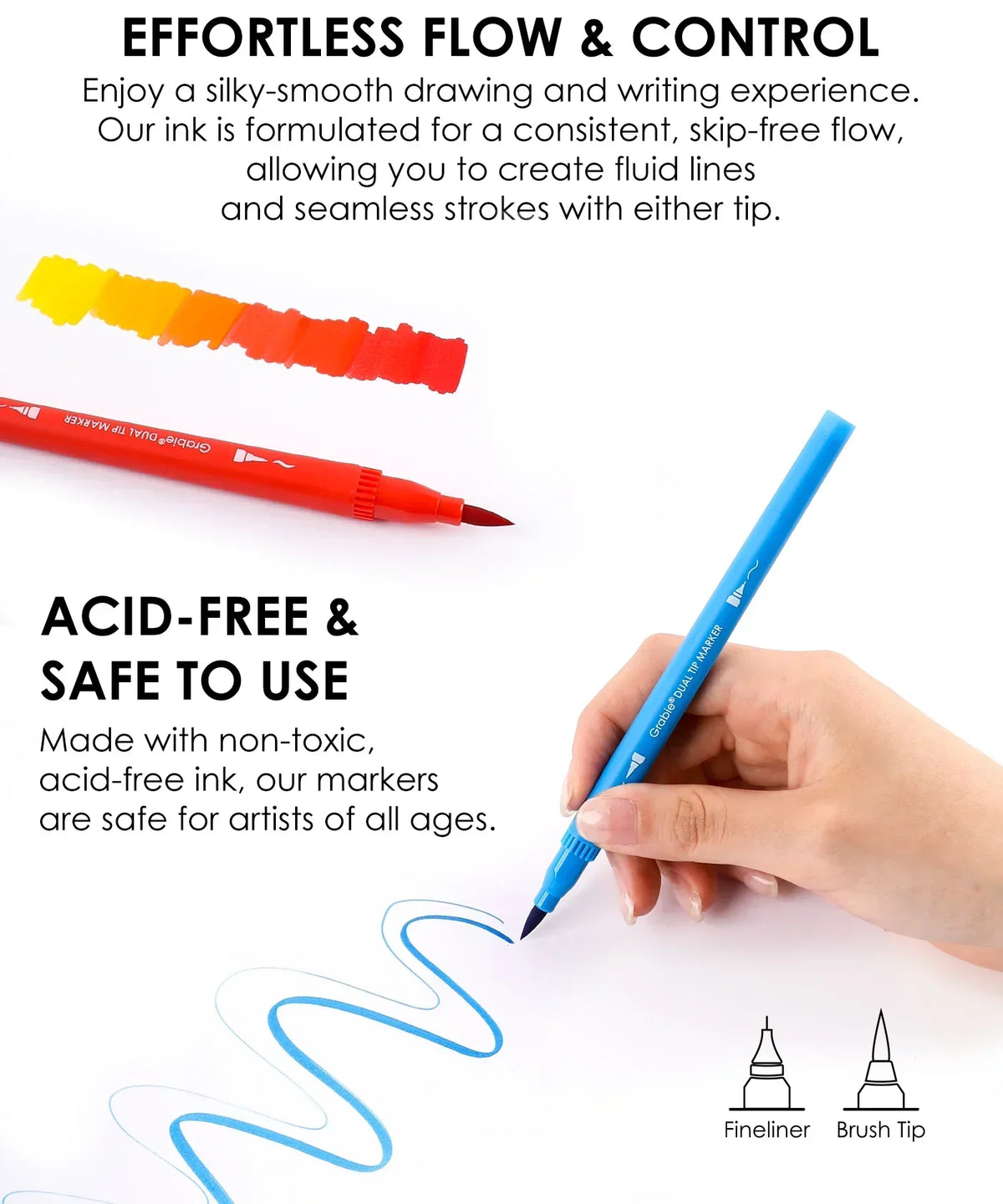Dual Tip Water-Based Sketch Marker Set of 100 showing bright colors with brush and fineliner tips in use on paper