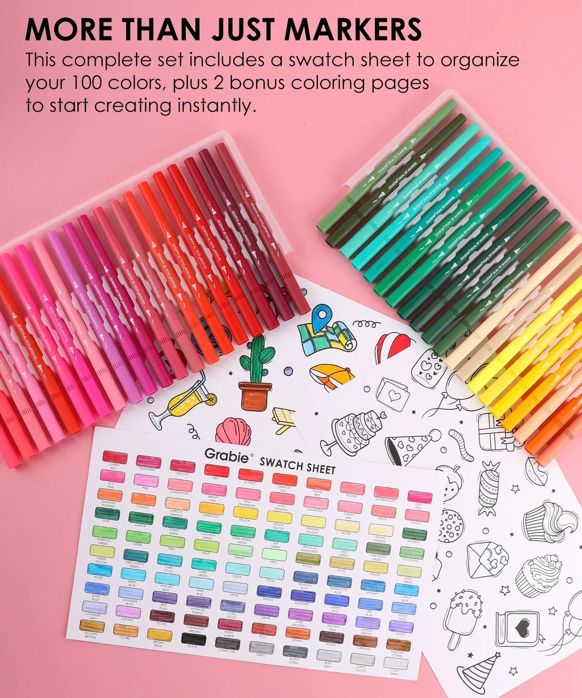 Dual Tip Water-Based Sketch Marker Set of 100 with colorful markers, swatch sheet, and two bonus coloring pages on pink background