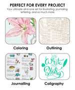 Examples of coloring, outlining, journalling, and calligraphy created using Dual Tip Water-Based Sketch Marker Set of 100
