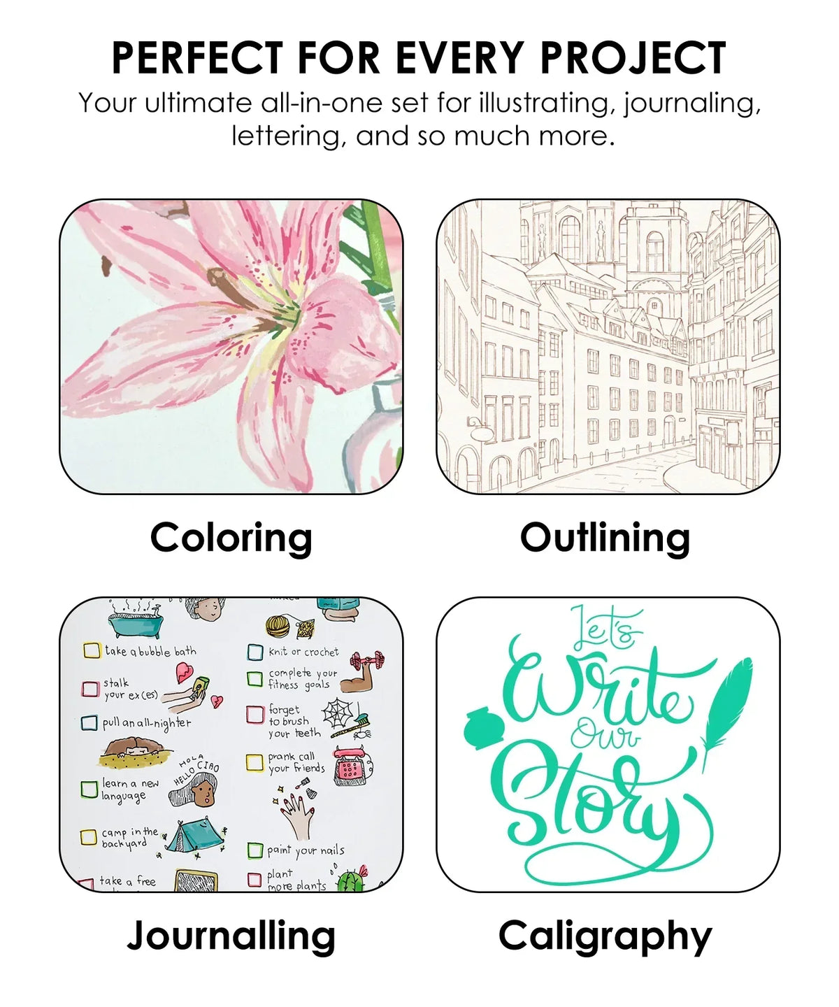 Examples of coloring, outlining, journalling, and calligraphy created using Dual Tip Water-Based Sketch Marker Set of 100