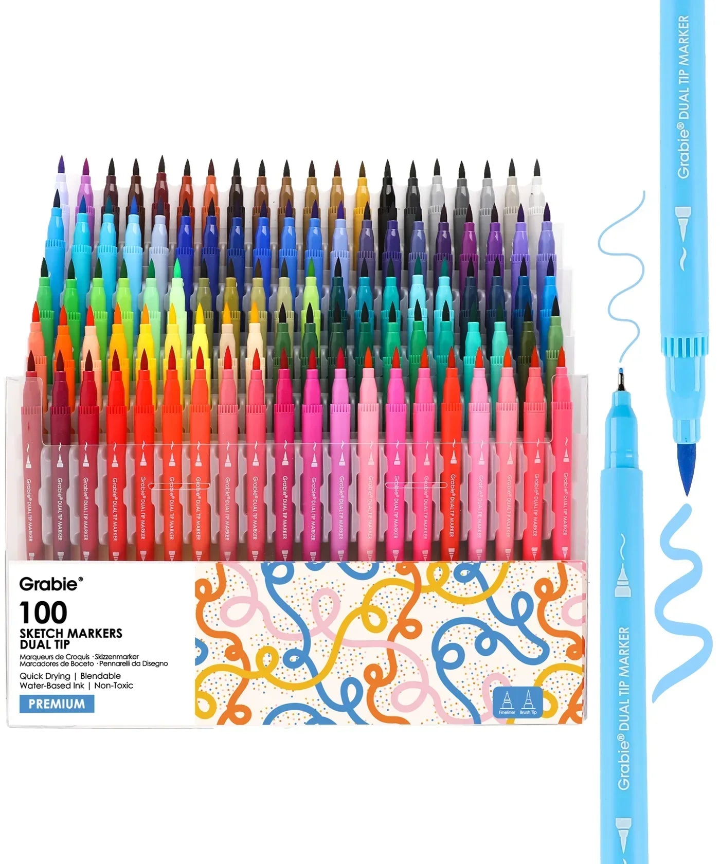 Dual Tip Water-Based Sketch Marker Set of 100 with vibrant colors and fine and brush tips for art and scrapbook projects.