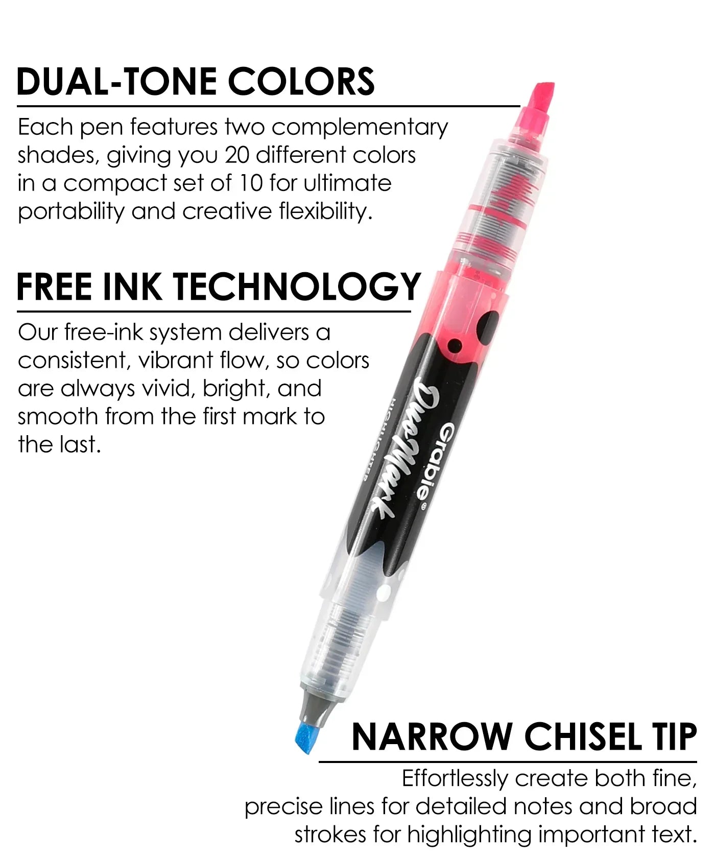 Close-up of a dual-tone marker with free ink technology and narrow chisel tip for The Note-Taking Power Pack.