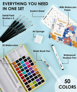 2026 Watercolor Calendar & Creative Tools Set with 50 watercolors, brushes, pens, art sponge, and watercolor paper kit