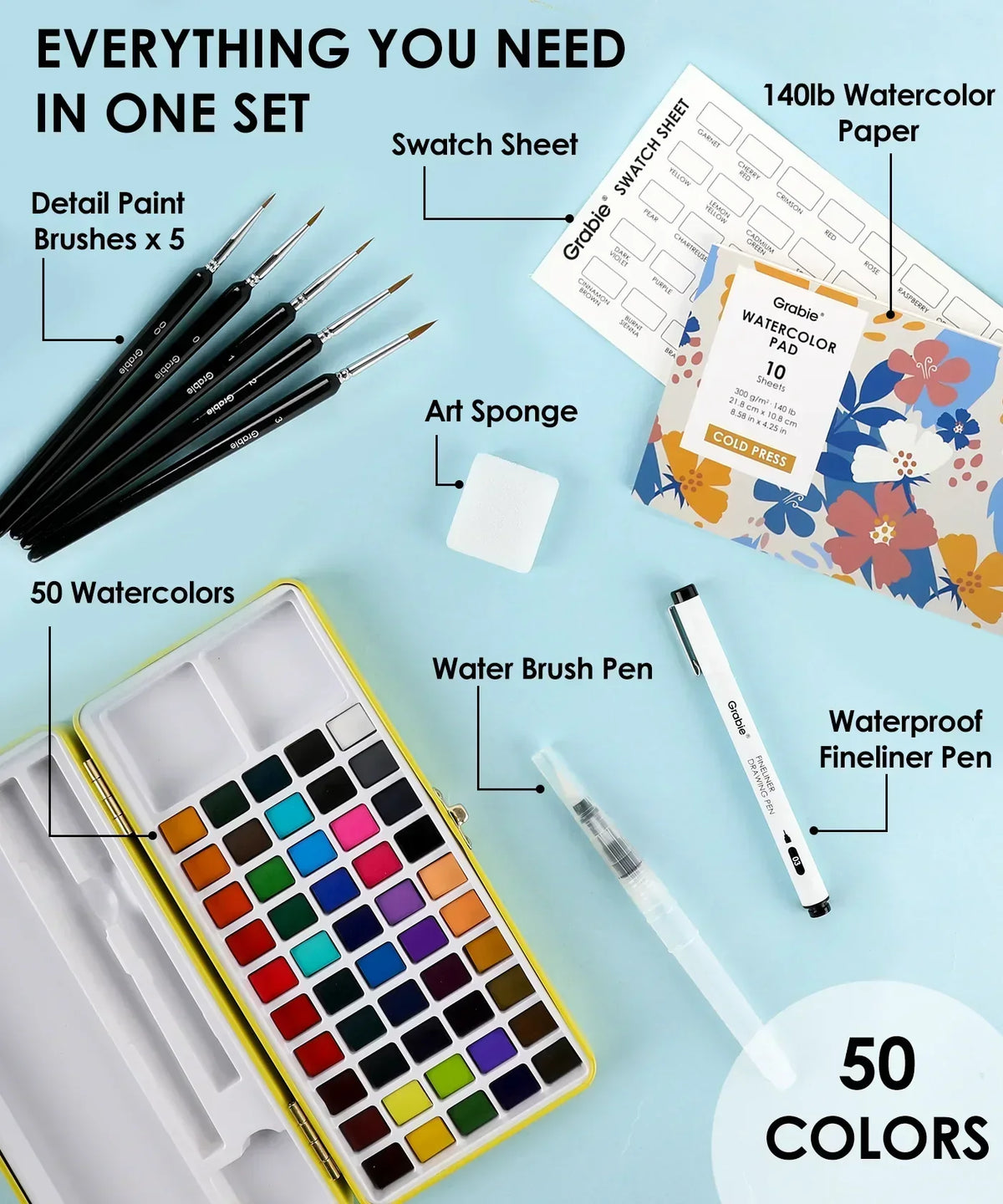 2026 Watercolor Calendar & Creative Tools Set with 50 watercolors, brushes, pens, art sponge, and watercolor paper kit