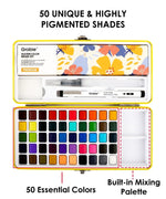 2026 Watercolor Calendar & Creative Tools Set with 50 vibrant pigment shades and built-in mixing palette for artists