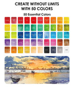 2026 Watercolor Calendar & Creative Tools Set showcasing 50 vibrant watercolor shades with sunset harbor painting example
